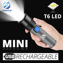 이미지를 갤러리 뷰어에 로드 , T6 LED 붙박이 1200mAh 리튬 건전지를 가진 USB 재충전 용 LED 플래쉬 등 방수 야영 빛 Zoomable 토치